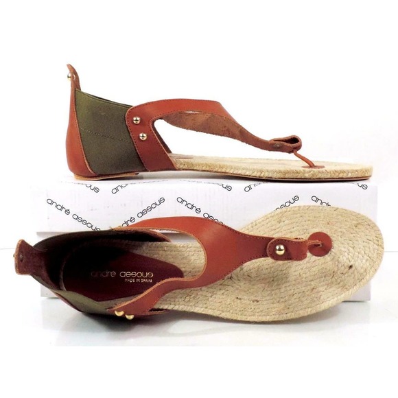 Andre Assous Tresor T- Strap Flat Thong Sandals Leather Green / Cognac Size 10 - Picture 7 of 9
